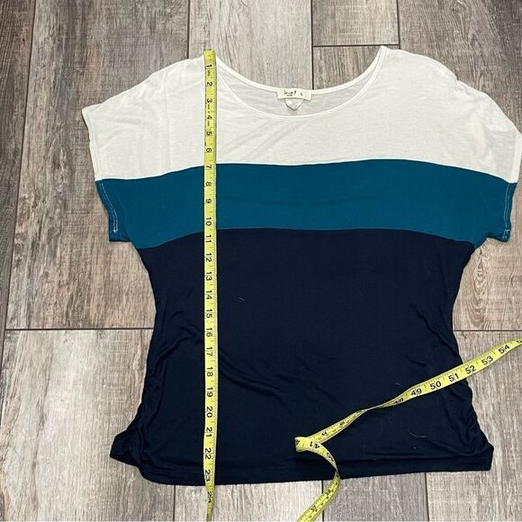 Love J Short Sleeve Color Block Striped Blouse Size Large Teal Navy Blue White - Picture 9 of 10